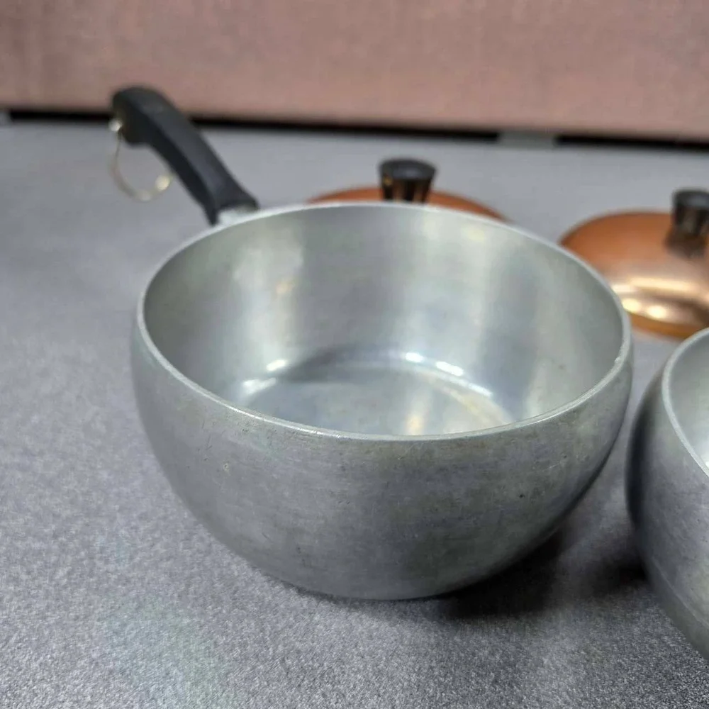 Wear-Ever Hallite Saucepan Set 2pc Silver Copper MCM Aluminum Good Vtg USA